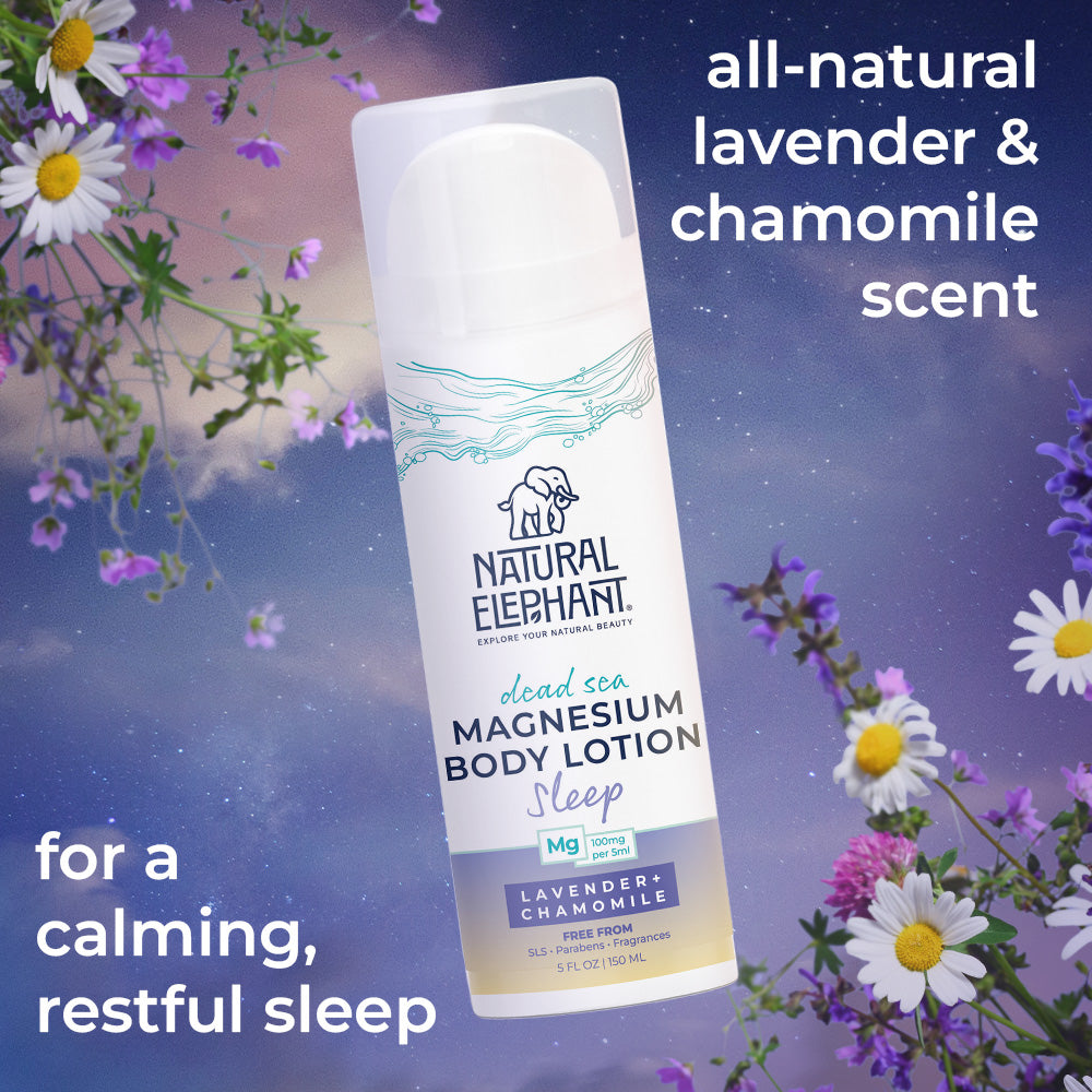 Natural Elephant Dead Sea magnesium body lotion with lavender and chamomile scent for calming restful sleep
