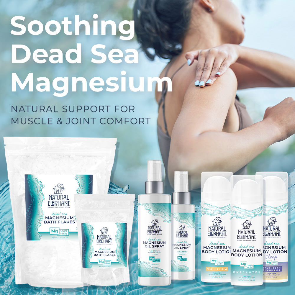 Natural Elephant Dead Sea magnesium body lotion and bath flakes for muscle and joint comfort