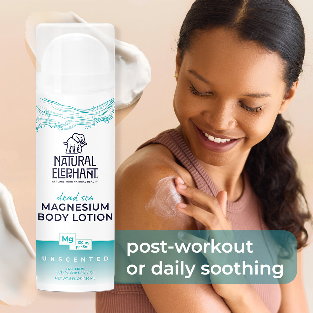 Natural Elephant Dead Sea magnesium body lotion bottle beside woman applying lotion on her shoulder for post-workout soothing