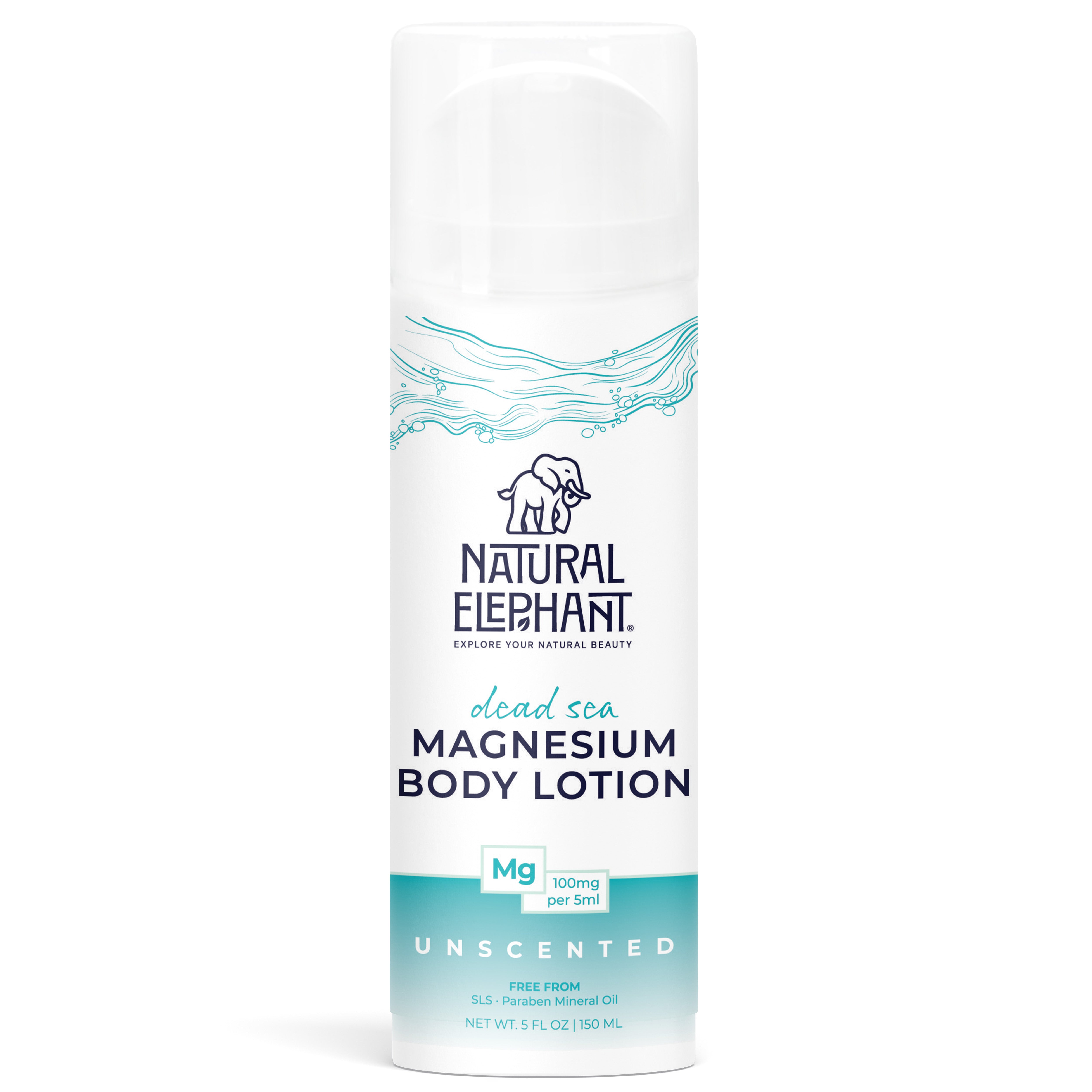 Natural Elephant Dead Sea magnesium body lotion unscented with 100mg magnesium per 5ml in white bottle