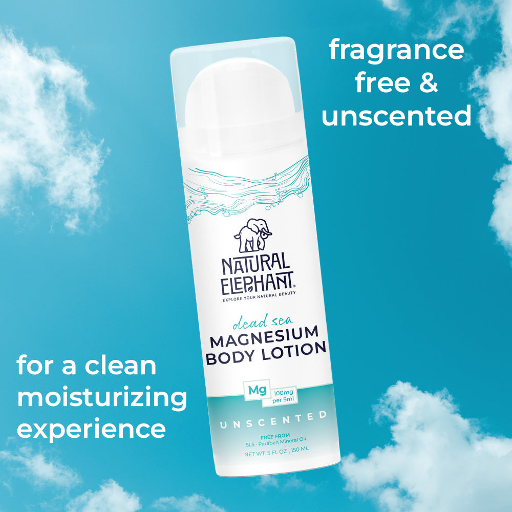 Natural Elephant Dead Sea magnesium body lotion bottle labeled fragrance free and unscented for moisturizing