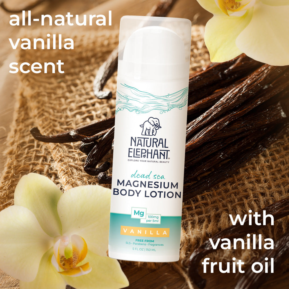 Natural Elephant Dead Sea magnesium body lotion with all-natural vanilla scent and vanilla fruit oil