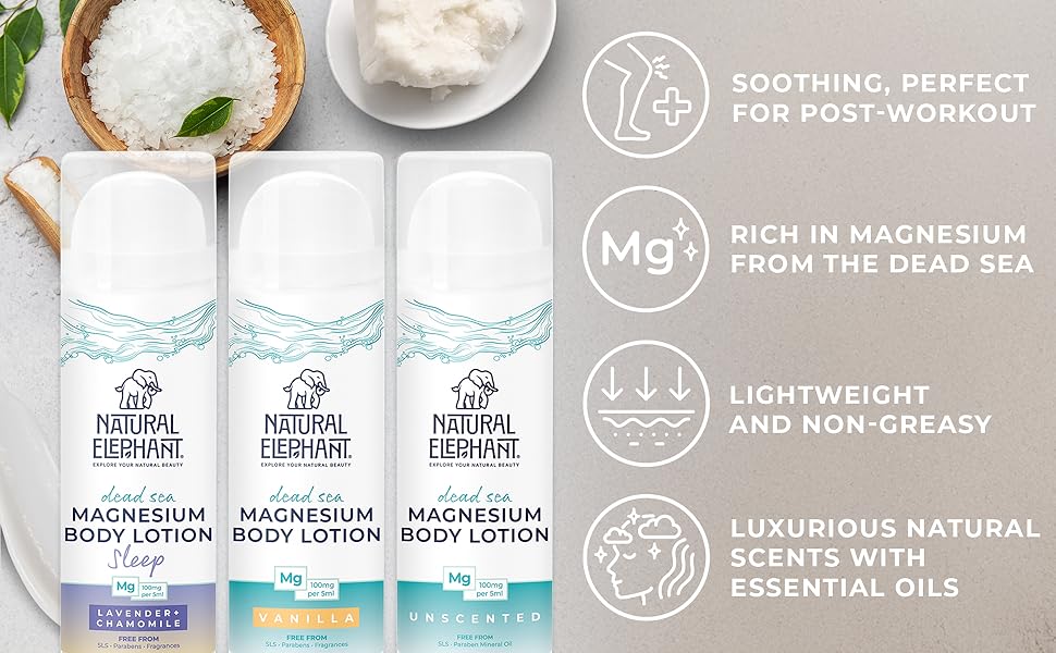 Natural Elephant Dead Sea magnesium body lotion bottles in sleep, vanilla, and unscented scents with Dead Sea salt and natural ingredients