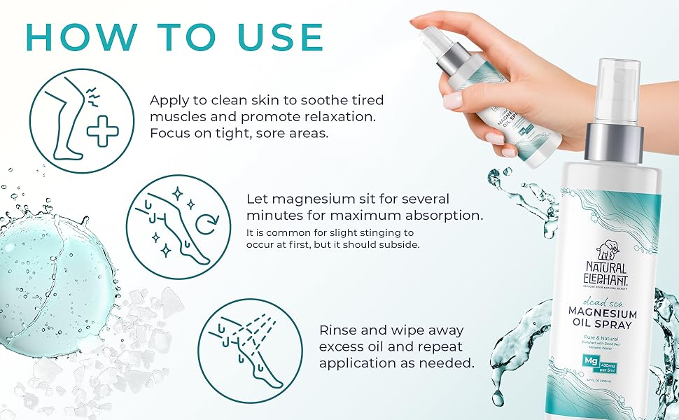 Natural Elephant Dead Sea Salt Magnesium Oil Spray showing how to use and highlighting Dead Sea magnesium oil benefits