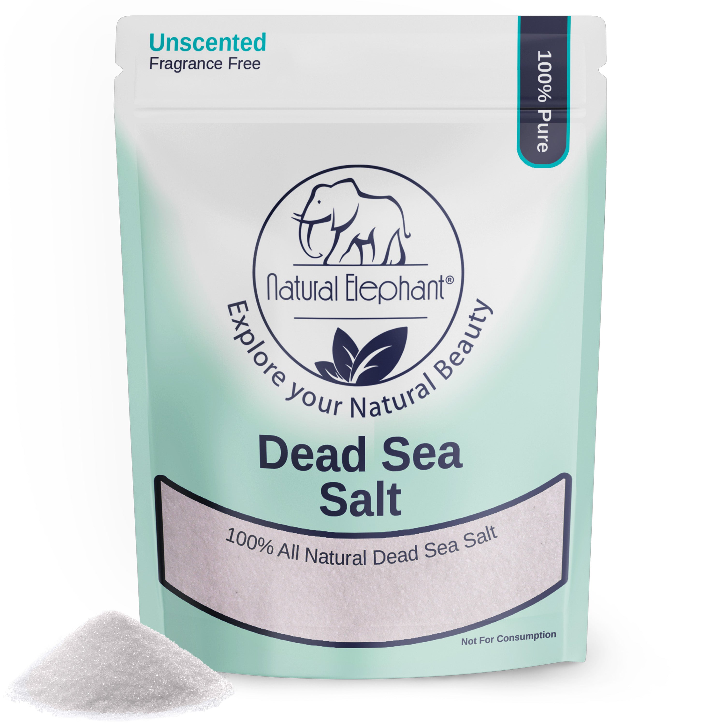 Natural Elephant Dead Sea Salt package showing benefits for skin and wellness, 100% pure and unscented