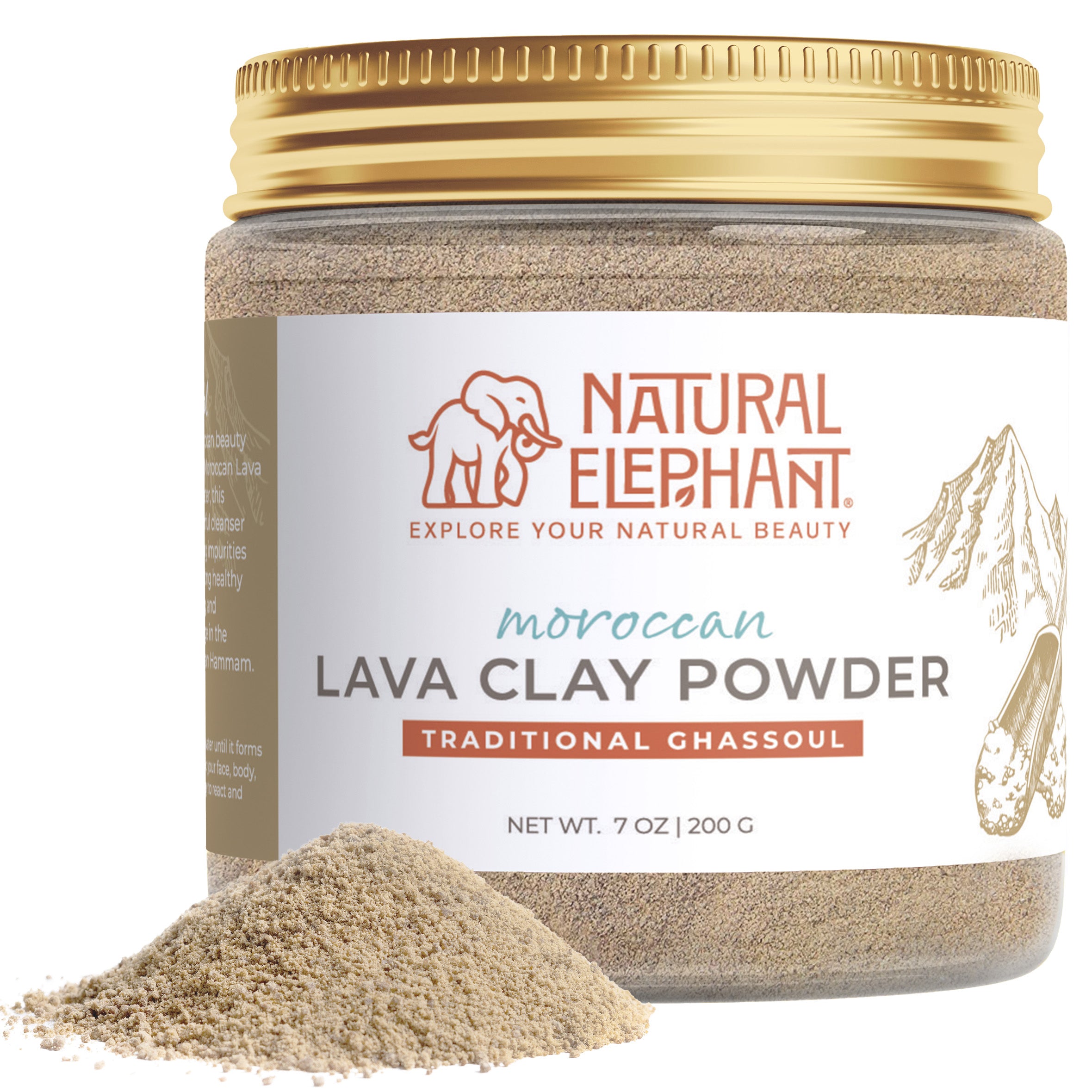 Natural Elephant Moroccan lava clay powder jar with loose ghassoul clay powder for skin
