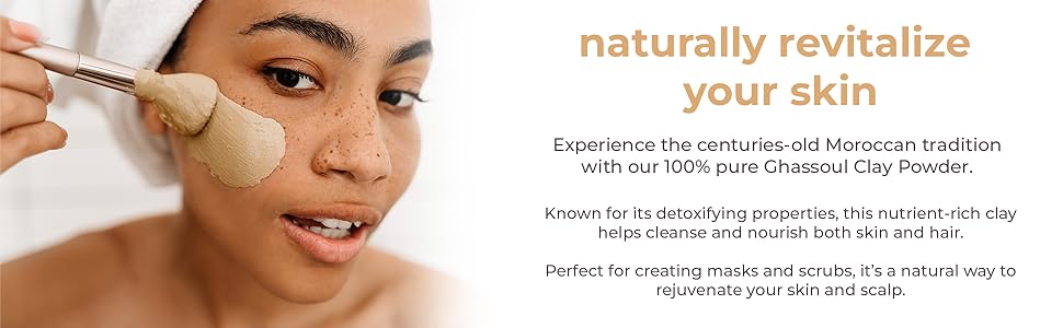 Natural Elephant ghassoul clay powder for skin applied on woman’s face for detoxifying and revitalizing