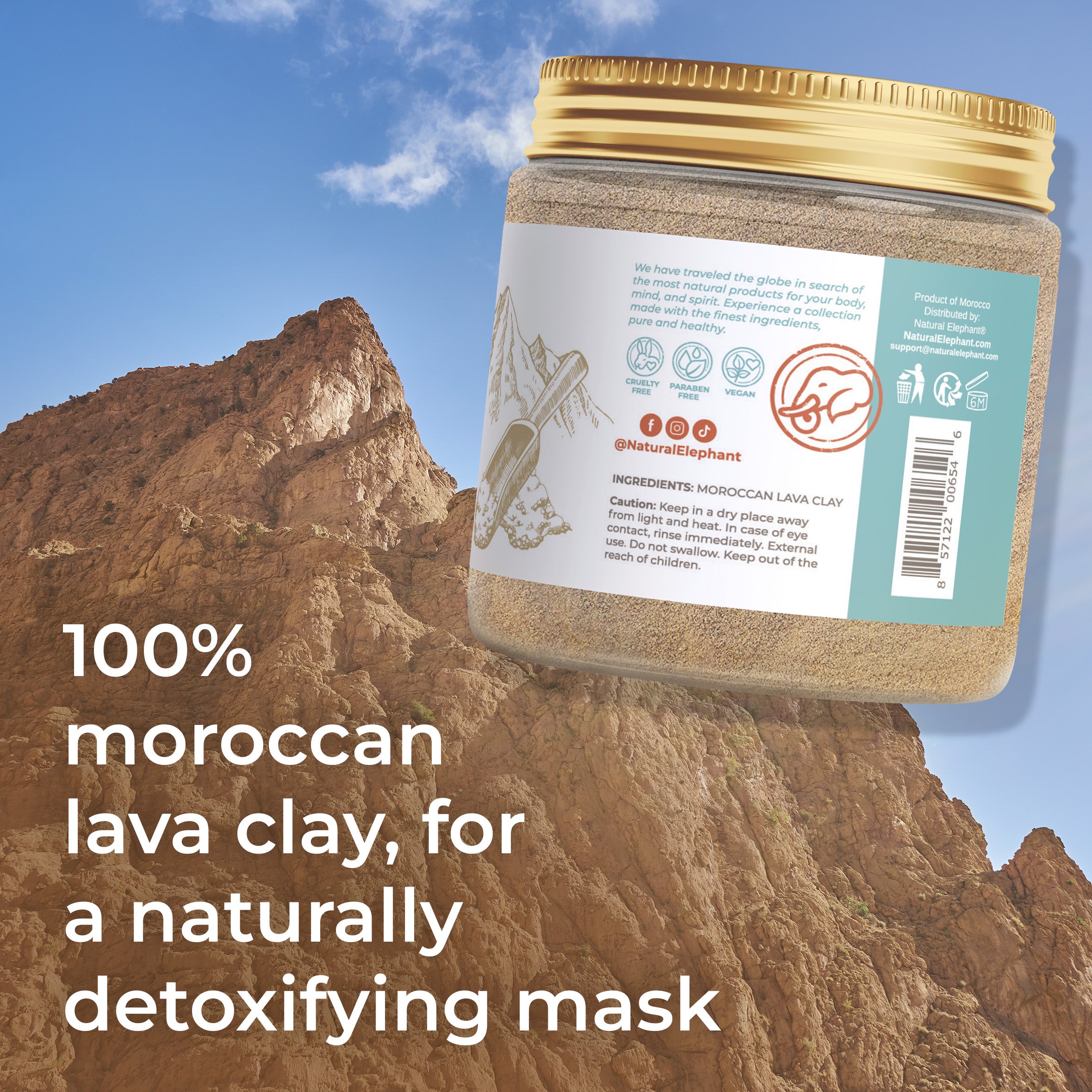Natural Elephant jar of ghassoul clay powder for skin with Moroccan lava clay for detoxifying mask