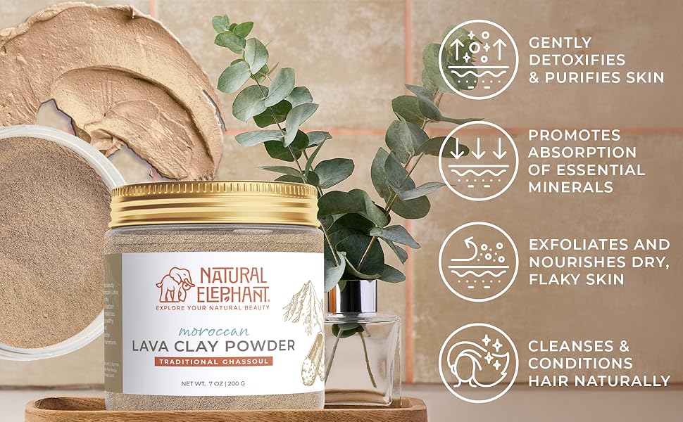 Natural Elephant Lava Clay Powder jar with ghassoul clay powder for skin alongside eucalyptus leaves and skincare benefits