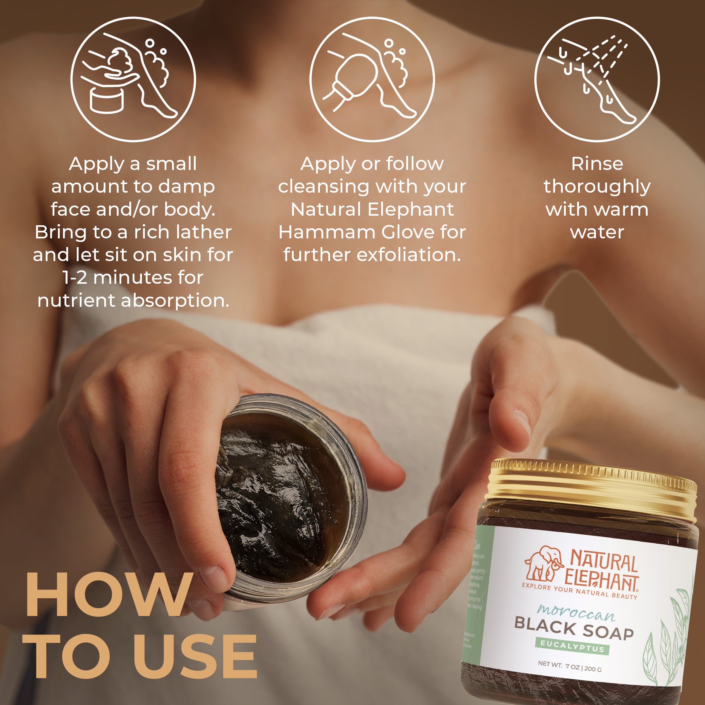 Natural Elephant Moroccan black soap 7 oz jar held open showing black soap with usage instructions