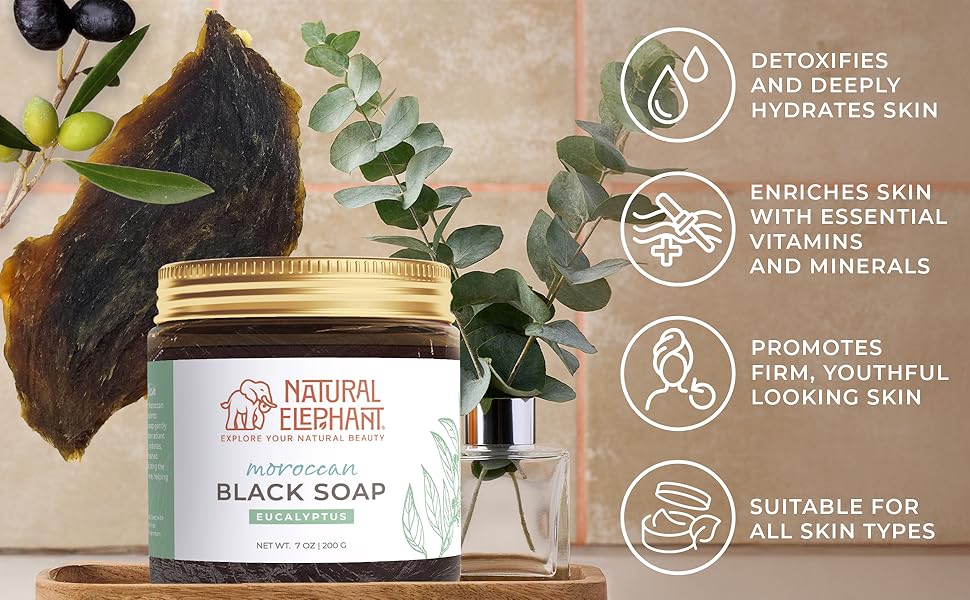 Natural Elephant Moroccan black soap 7 oz jar with eucalyptus for skin detoxifying and hydration