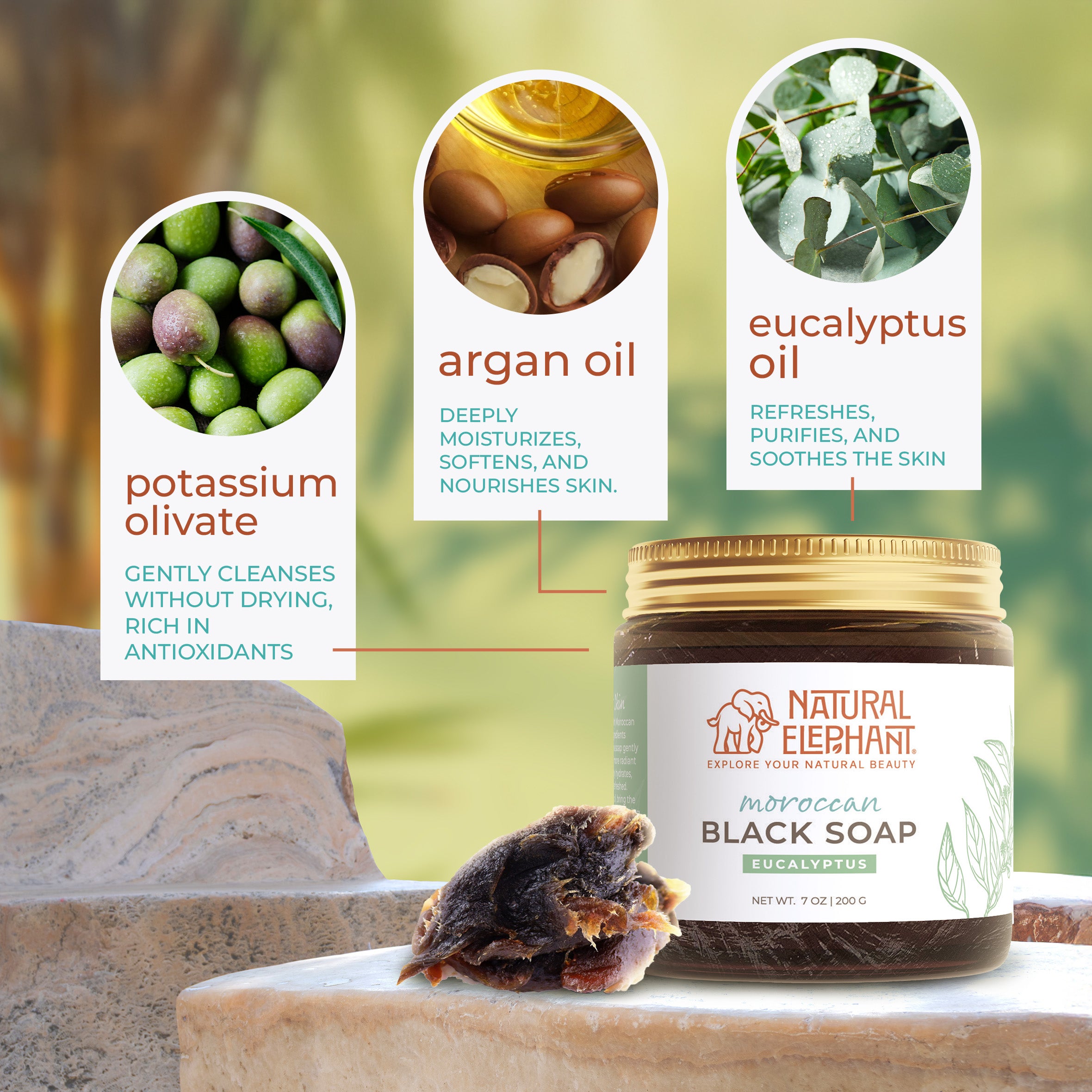 Natural Elephant Moroccan black soap 7 oz jar with eucalyptus oil argan oil and potassium olivate ingredients