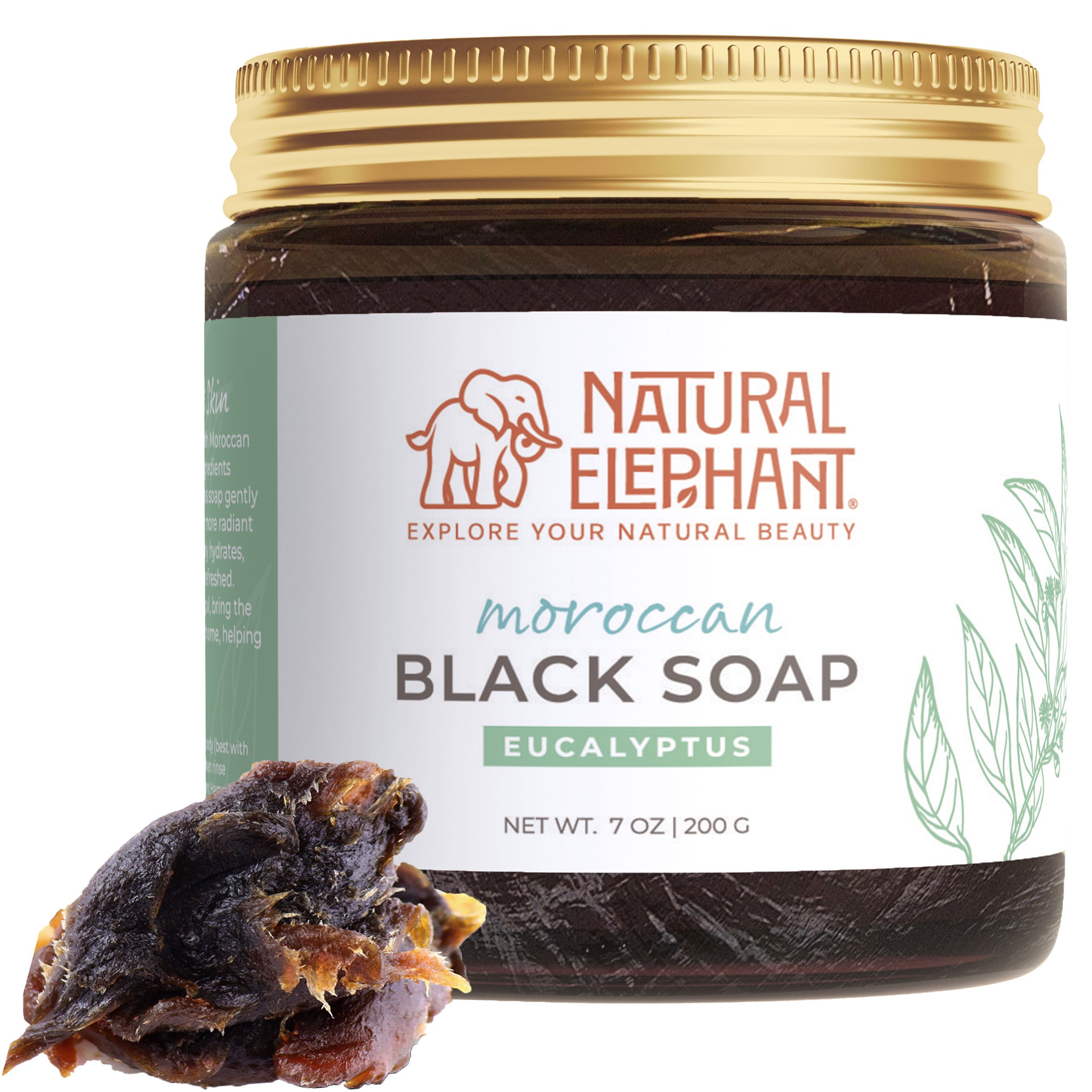 Natural Elephant Moroccan black soap 7 oz eucalyptus scented in a brown jar with golden lid