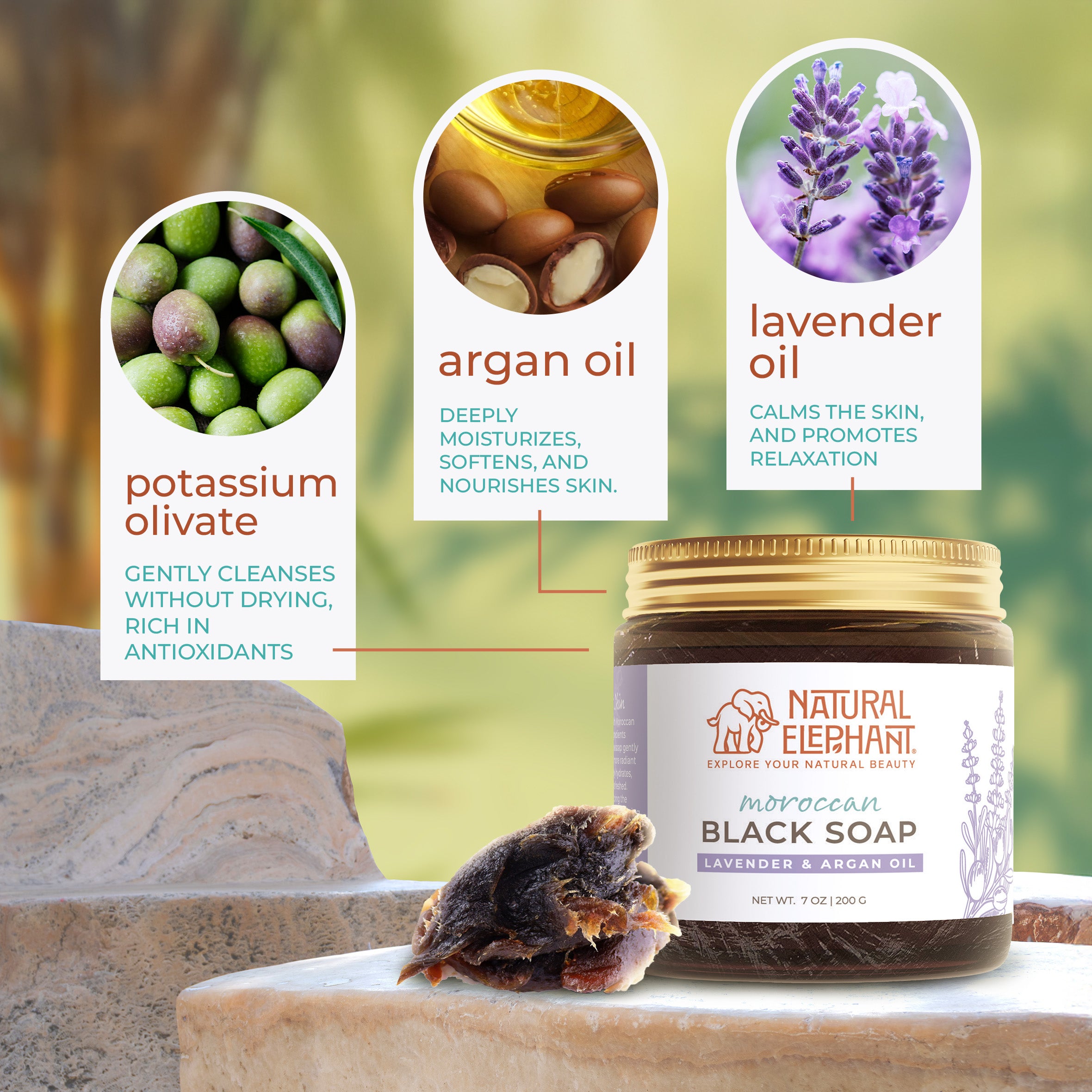 Natural Elephant Moroccan black soap 7 oz with potassium olivate argan oil and lavender oil