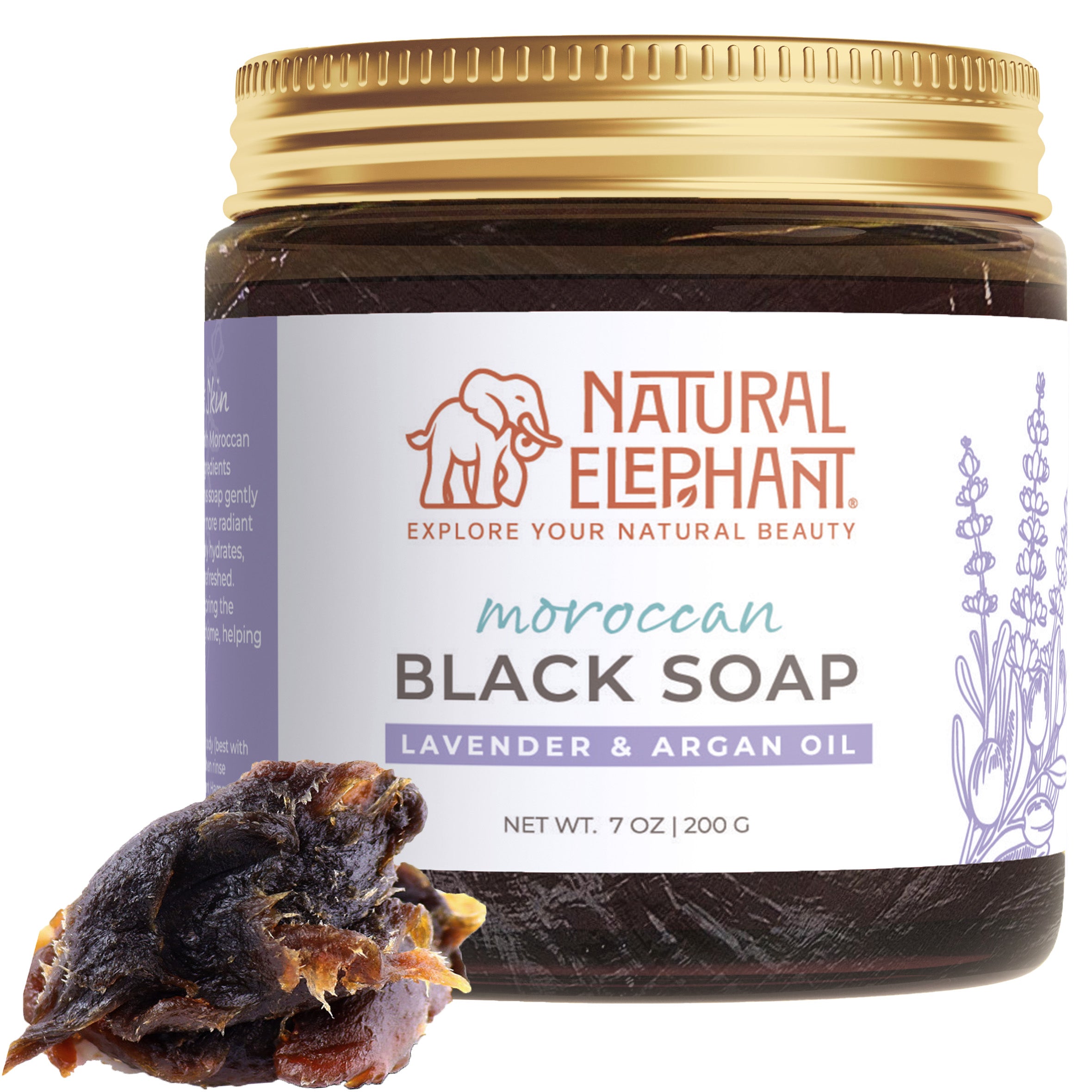 Natural Elephant Moroccan black soap 7 oz with lavender and argan oil in a jar with gold lid