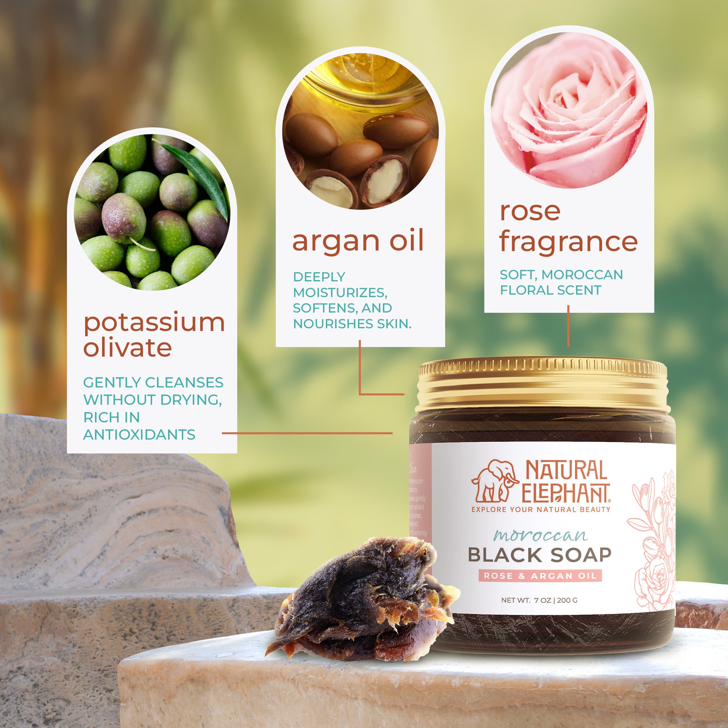 Natural Elephant Moroccan black soap 7 oz jar with argan oil rose fragrance and potassium olivate ingredients