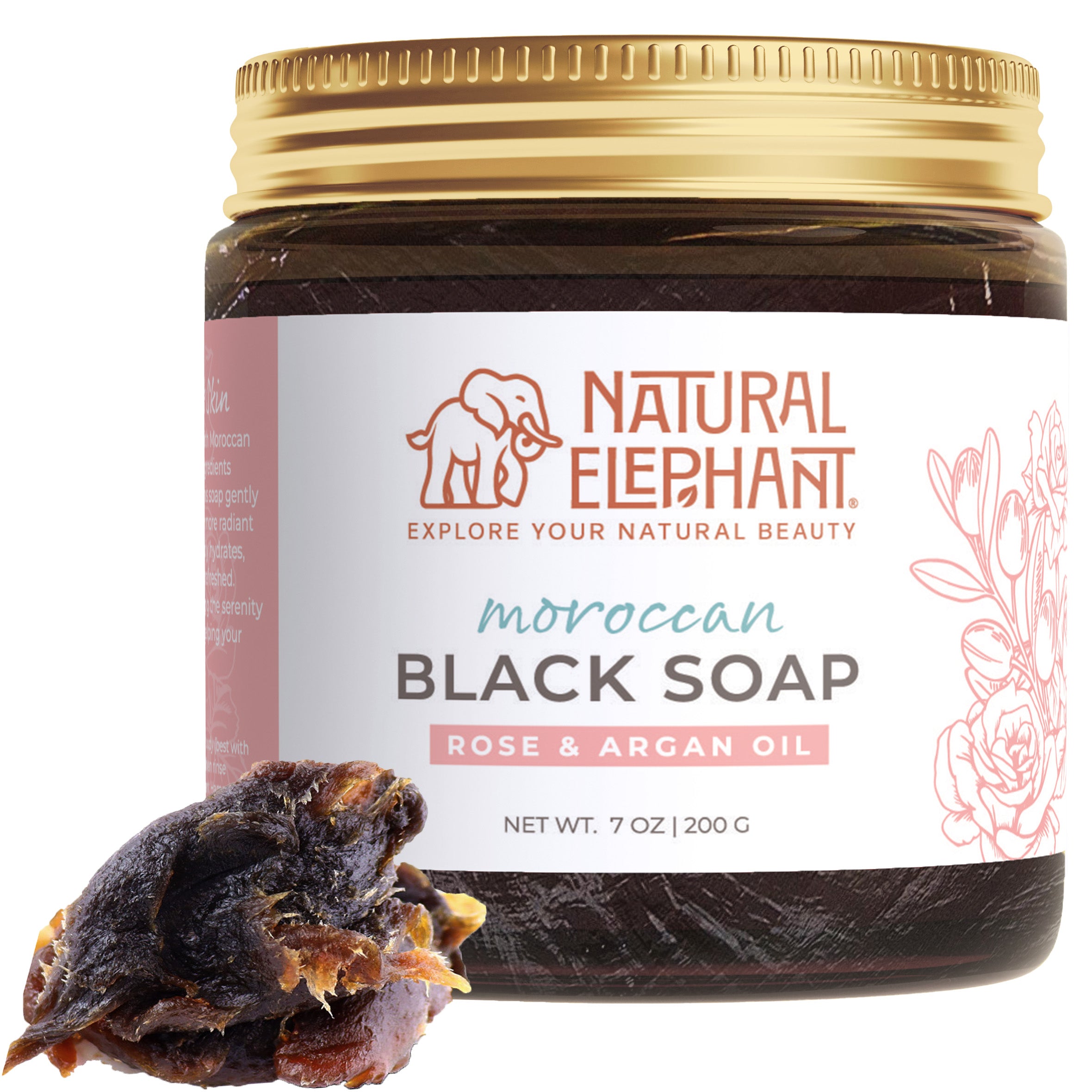 Natural Elephant Moroccan black soap 7 oz with rose and argan oil in a brown jar with gold lid