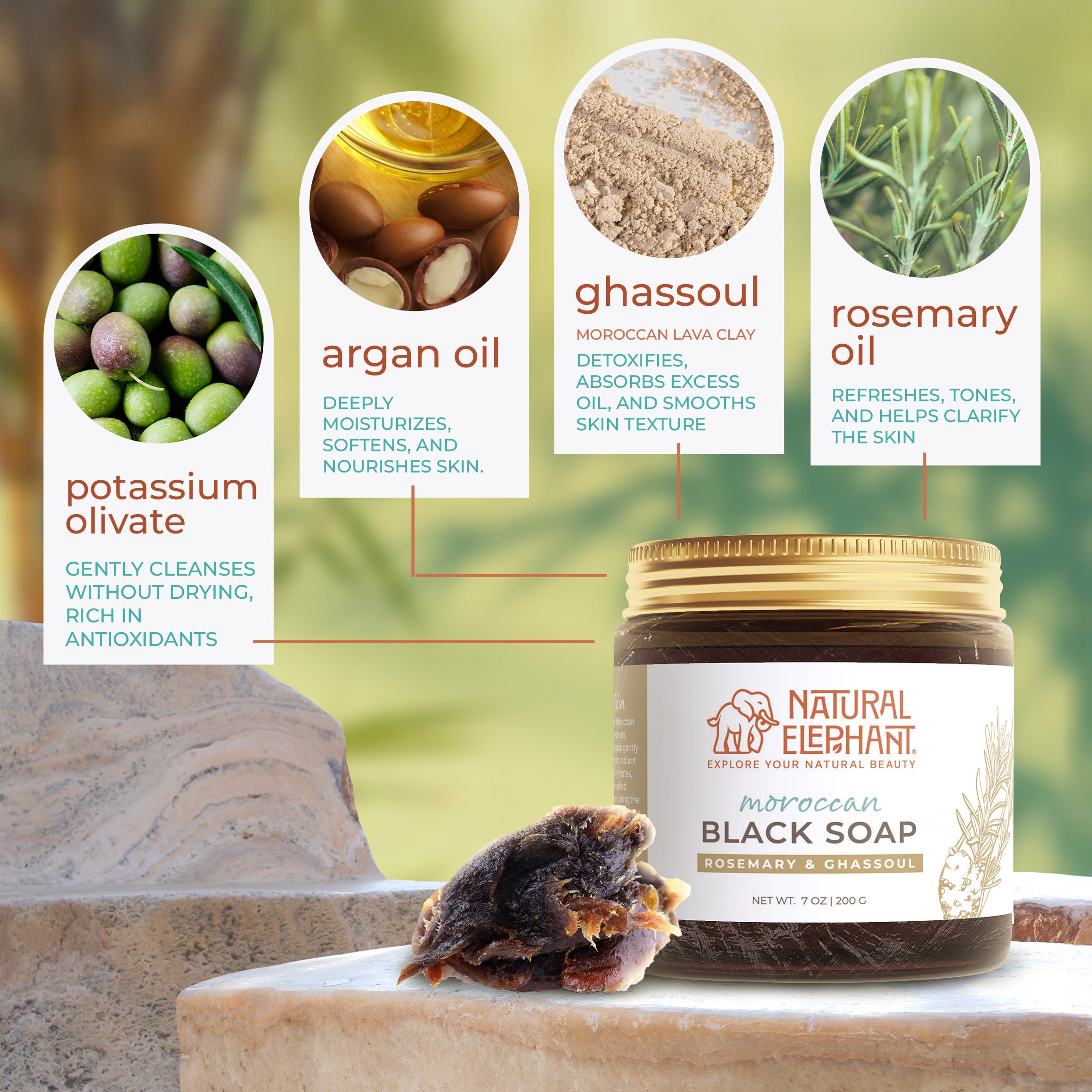 Natural Elephant Moroccan black soap 7 oz jar with rosemary and ghassoul ingredients on stone surface