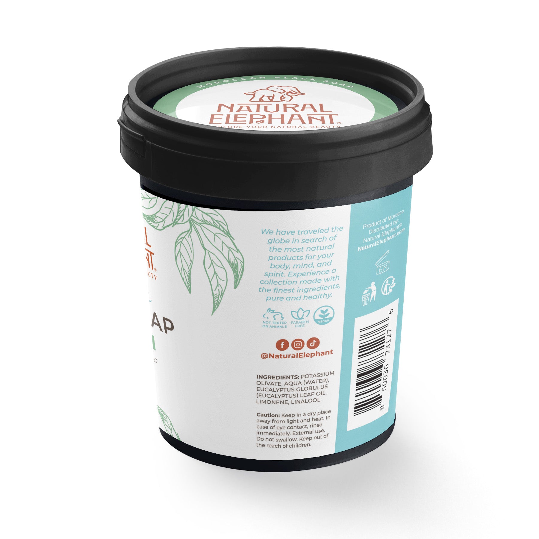 Natural Elephant Moroccan Black Soap Bulk container with black lid and blue white label