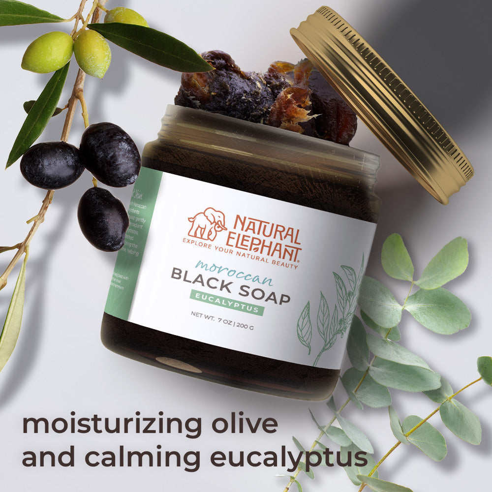 Natural Elephant Moroccan black soap travel size with moisturizing olive and calming eucalyptus ingredients