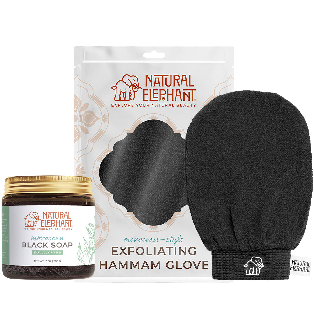 Natural Elephant Moroccan exfoliating glove kit with black hammam glove and eucalyptus black soap