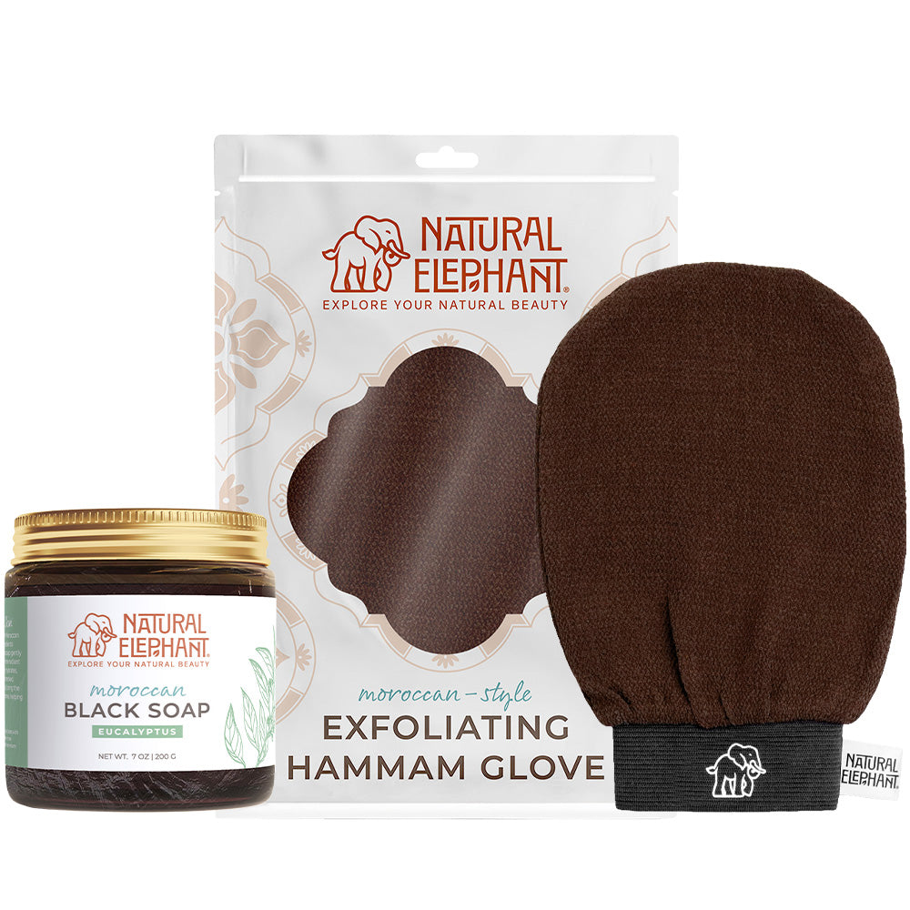 Natural Elephant Moroccan exfoliating glove kit including a brown exfoliating Hammam glove and eucalyptus black soap jar