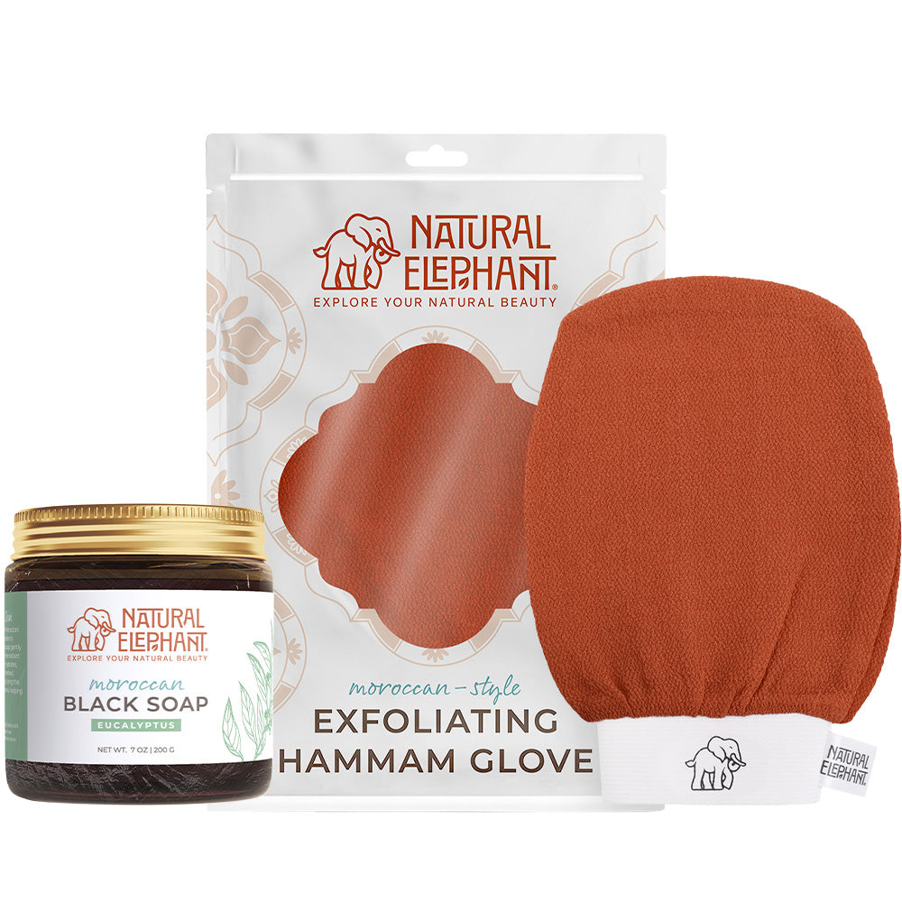 Natural Elephant Moroccan exfoliating glove kit with rust-colored hammam glove and black soap jar