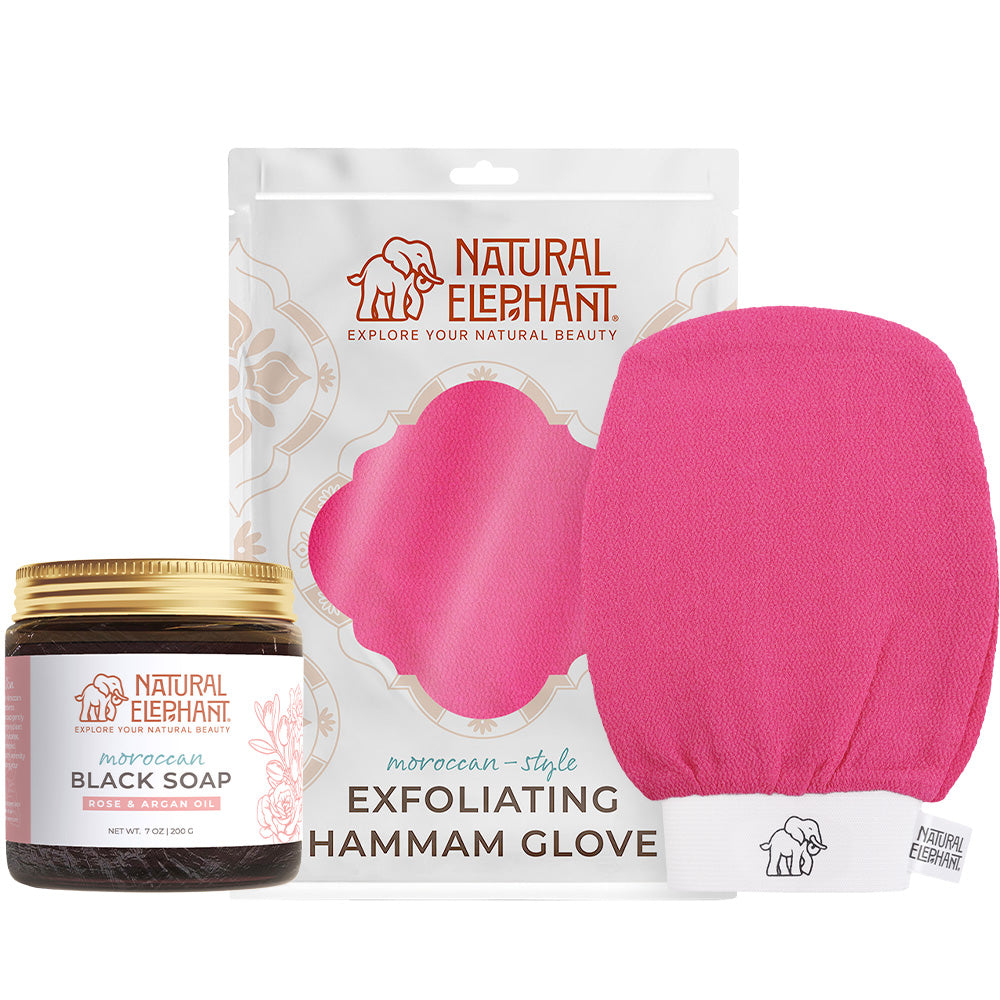 Natural Elephant Moroccan exfoliating glove kit with pink hammam glove and black soap jar