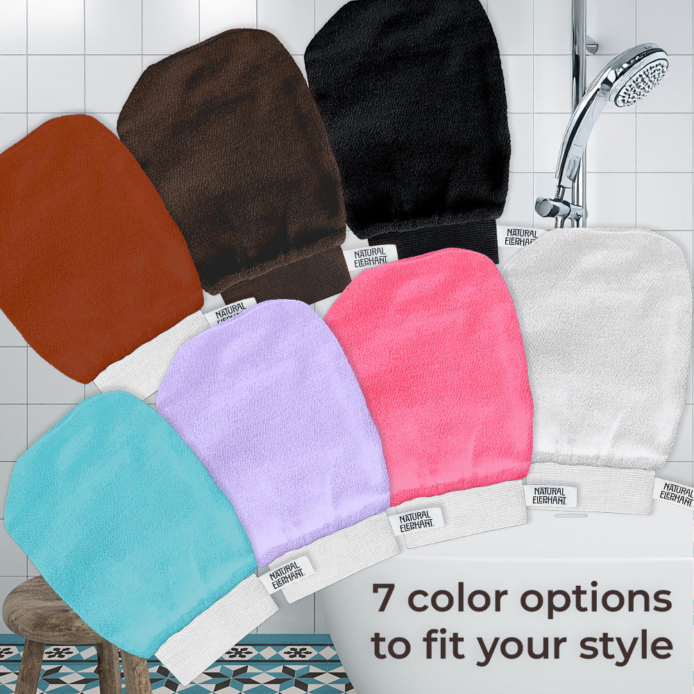 Natural Elephant Moroccan exfoliating glove kit with seven color options for effective skin exfoliation