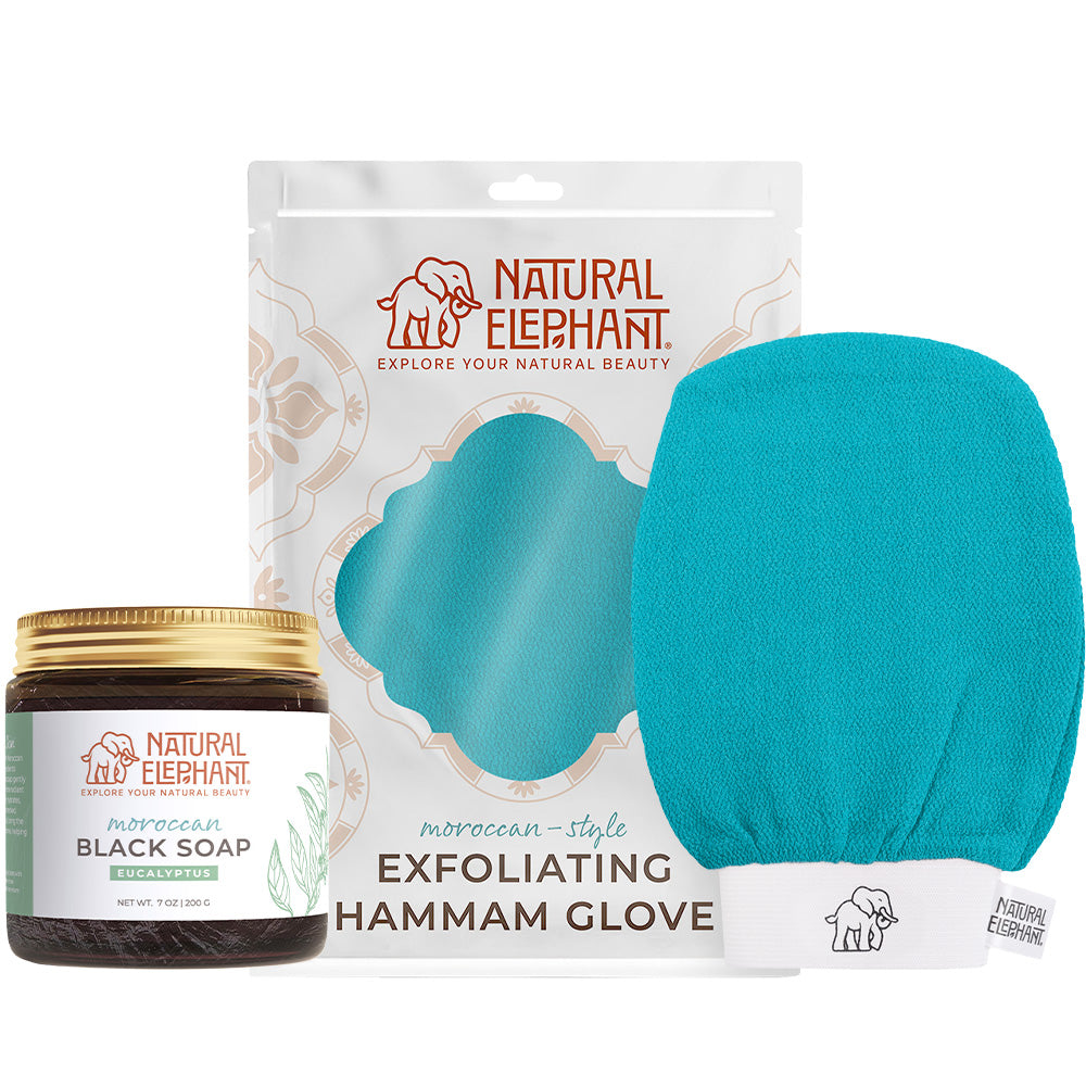 Natural Elephant Moroccan exfoliating glove kit with turquoise hammam glove and eucalyptus black soap jar