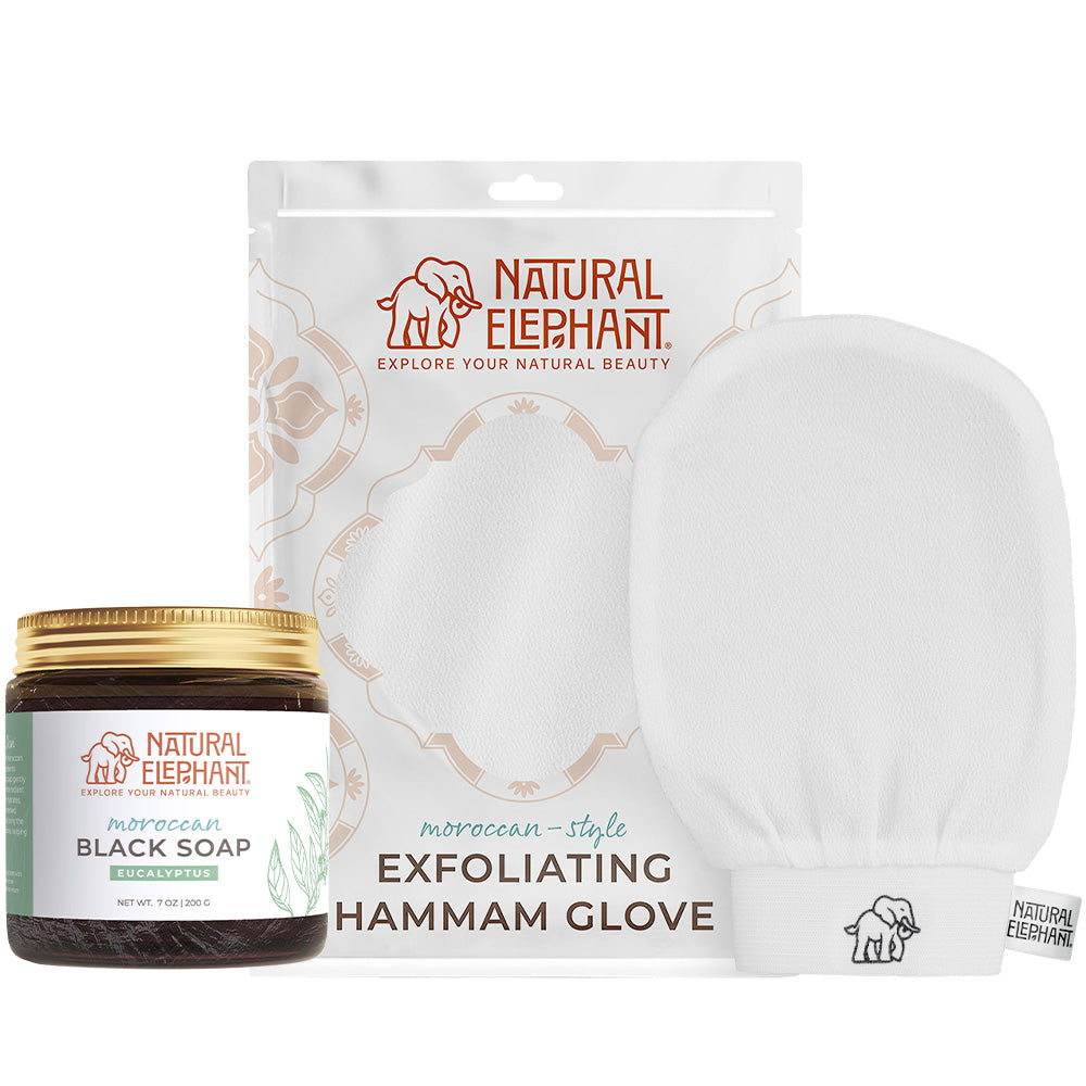 Natural Elephant Moroccan exfoliating glove kit with white hammam glove and black soap for skin care