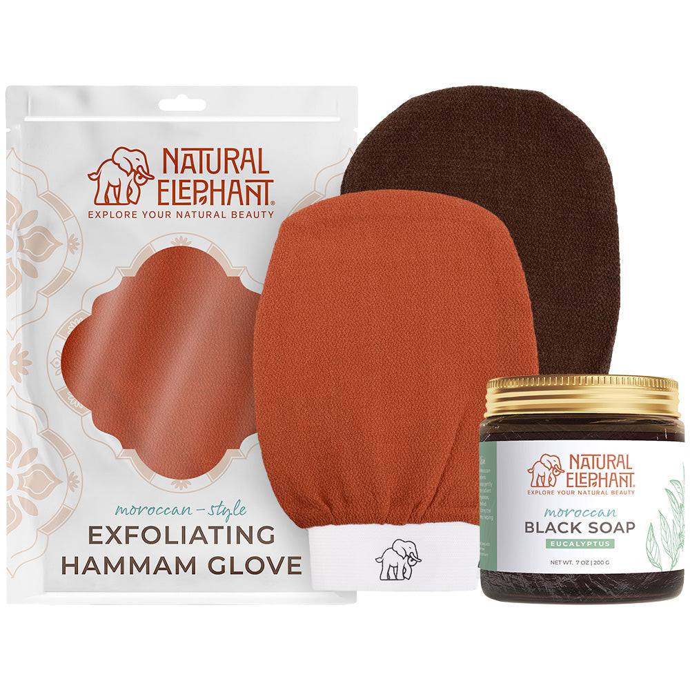 Natural Elephant Moroccan exfoliating glove plus soap set with brown and orange exfoliating hammam gloves