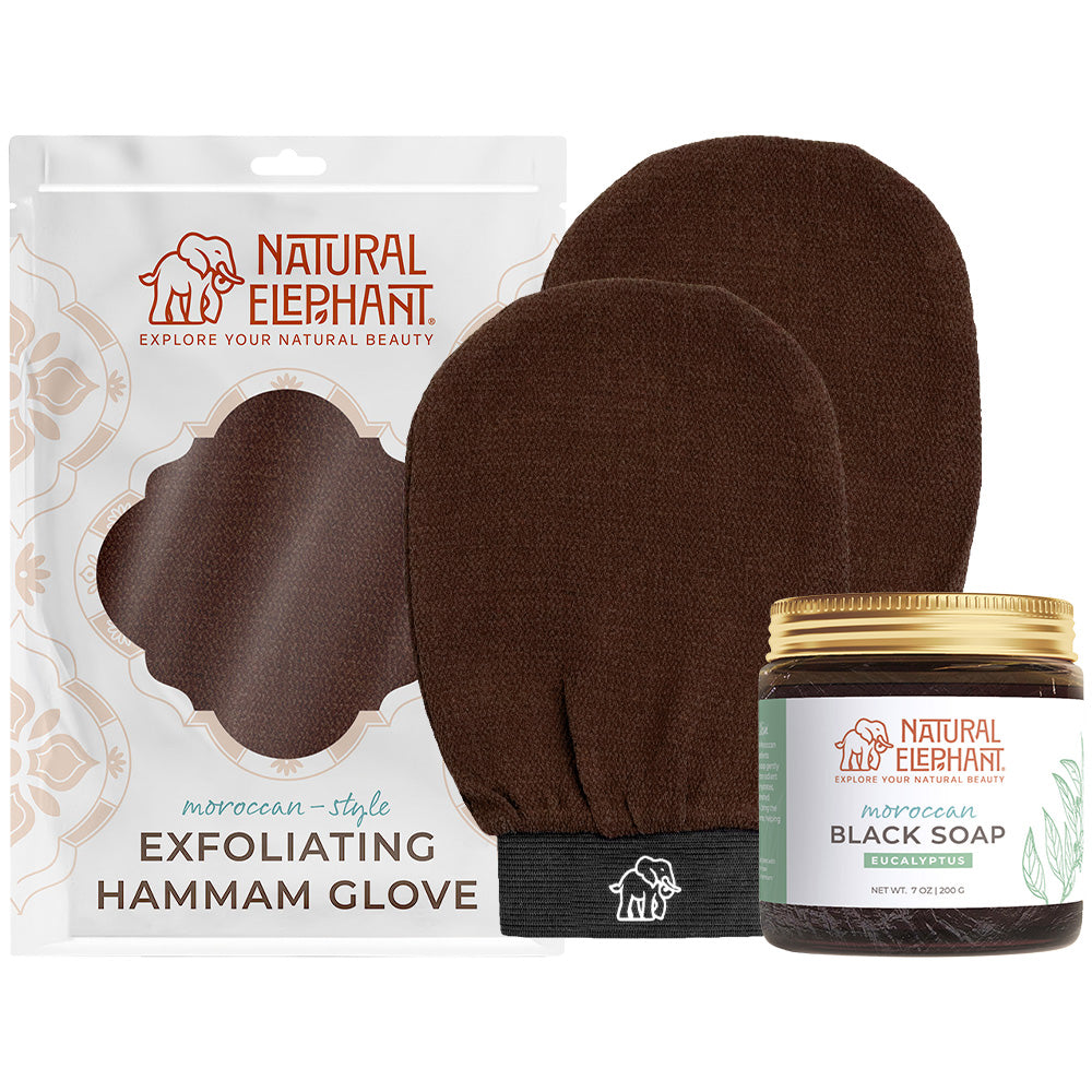 Natural Elephant Moroccan exfoliating glove plus soap set with brown hammam glove and eucalyptus black soap jar
