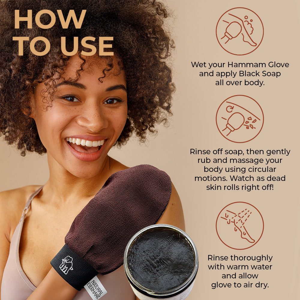 Woman demonstrating how to use Moroccan exfoliating glove plus soap for body exfoliation and skincare