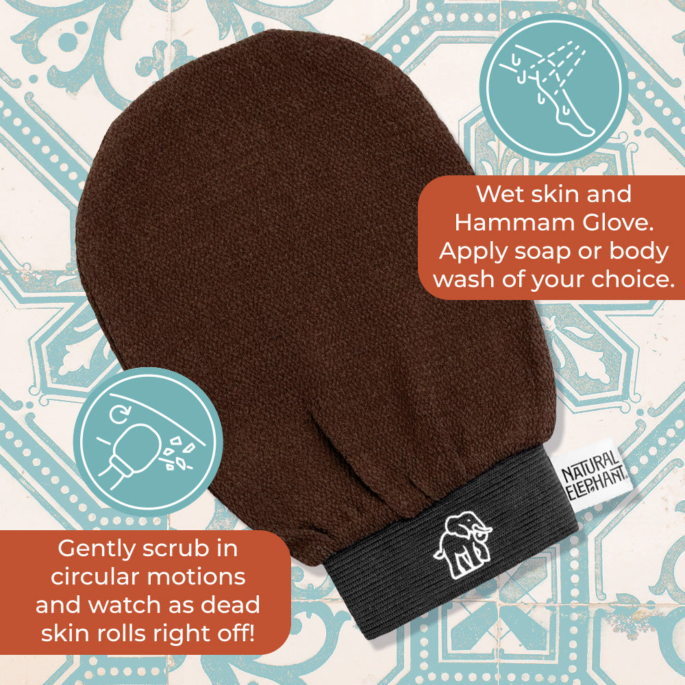 Natural Elephant Moroccan Hammam Glove for exfoliation with textured brown fabric and black cuff featuring logo