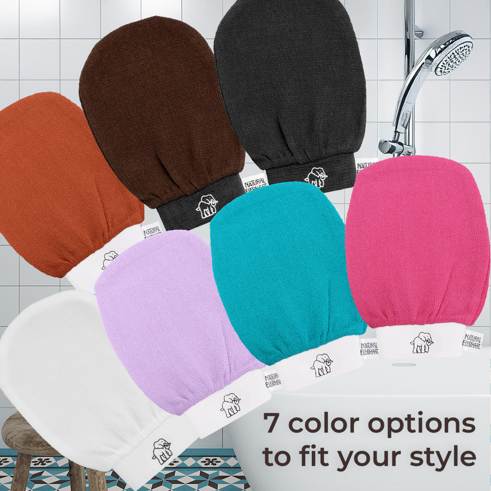 Natural Elephant Moroccan exfoliating glove plus soap in seven vibrant colors displayed in bathroom setting