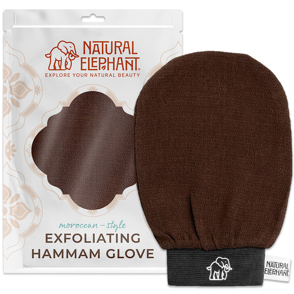 Natural Elephant Moroccan Hammam Glove natural exfoliating glove in brown with packaging