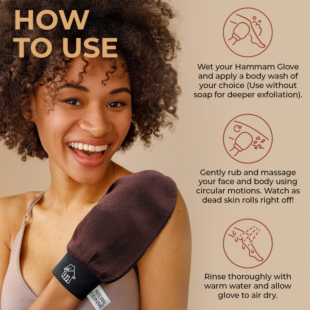Natural Elephant Moroccan Hammam Glove natural exfoliating glove shown on smiling woman demonstrating exfoliation steps