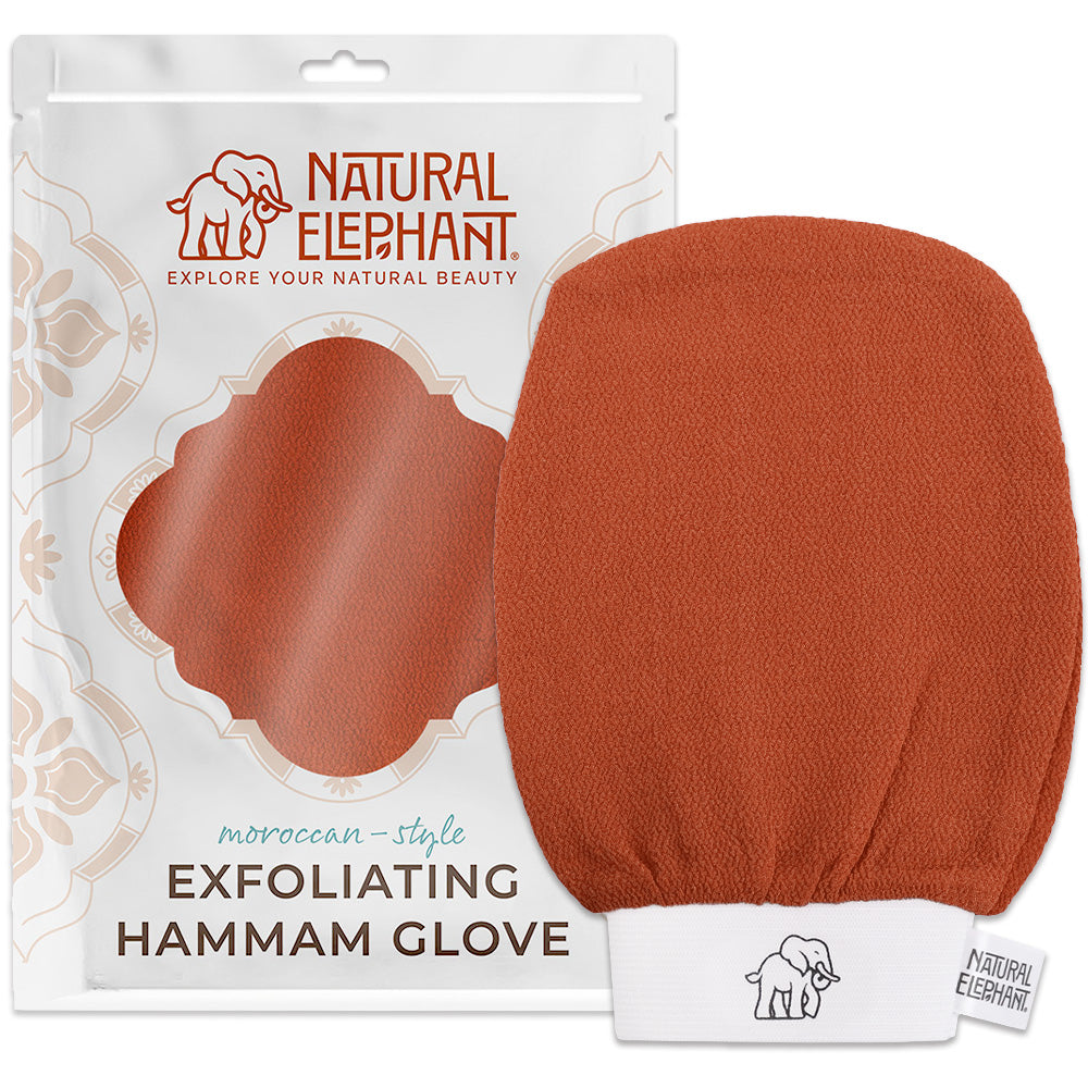 Natural Elephant Moroccan Hammam Glove natural exfoliating glove in reddish brown with packaging