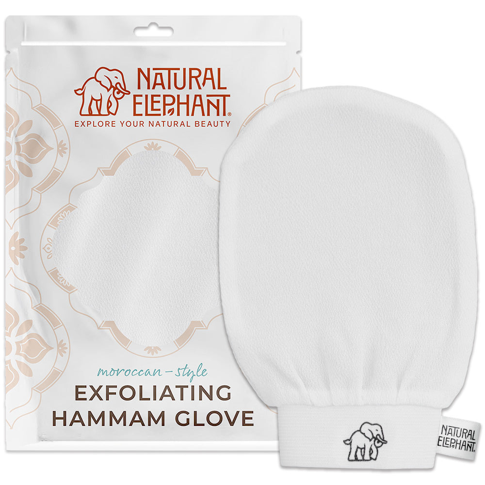 Natural Elephant Moroccan Hammam Glove in white with natural exfoliating glove for skin care