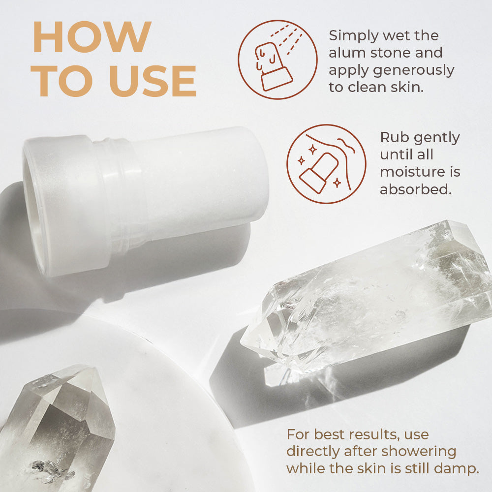 Natural mineral deodorant from Natural Elephant showing alum stone stick and crystal with usage instructions