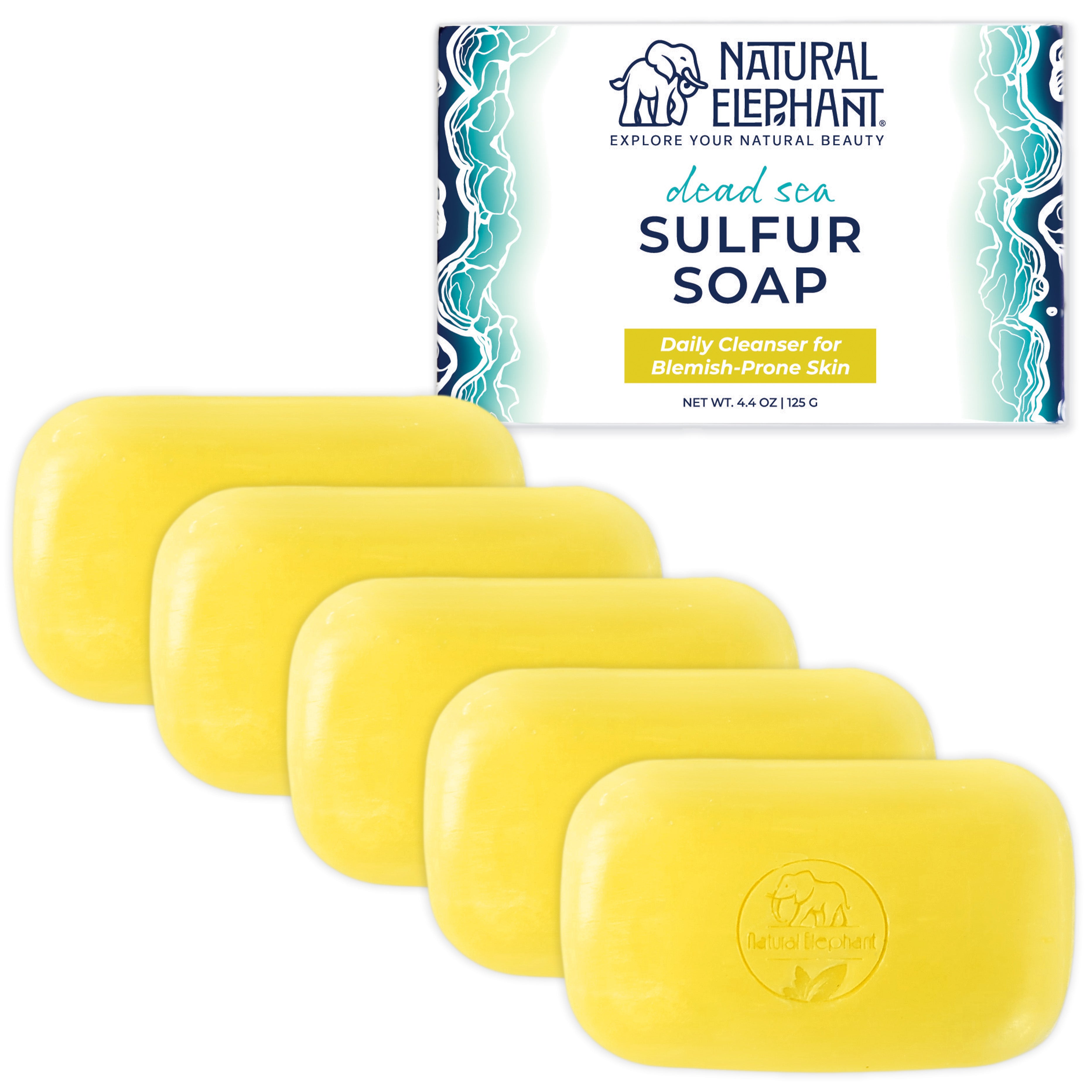 Natural Elephant Dead Sea Sulfur Soap for acne, four yellow bars packaged for daily use on blemish-prone skin