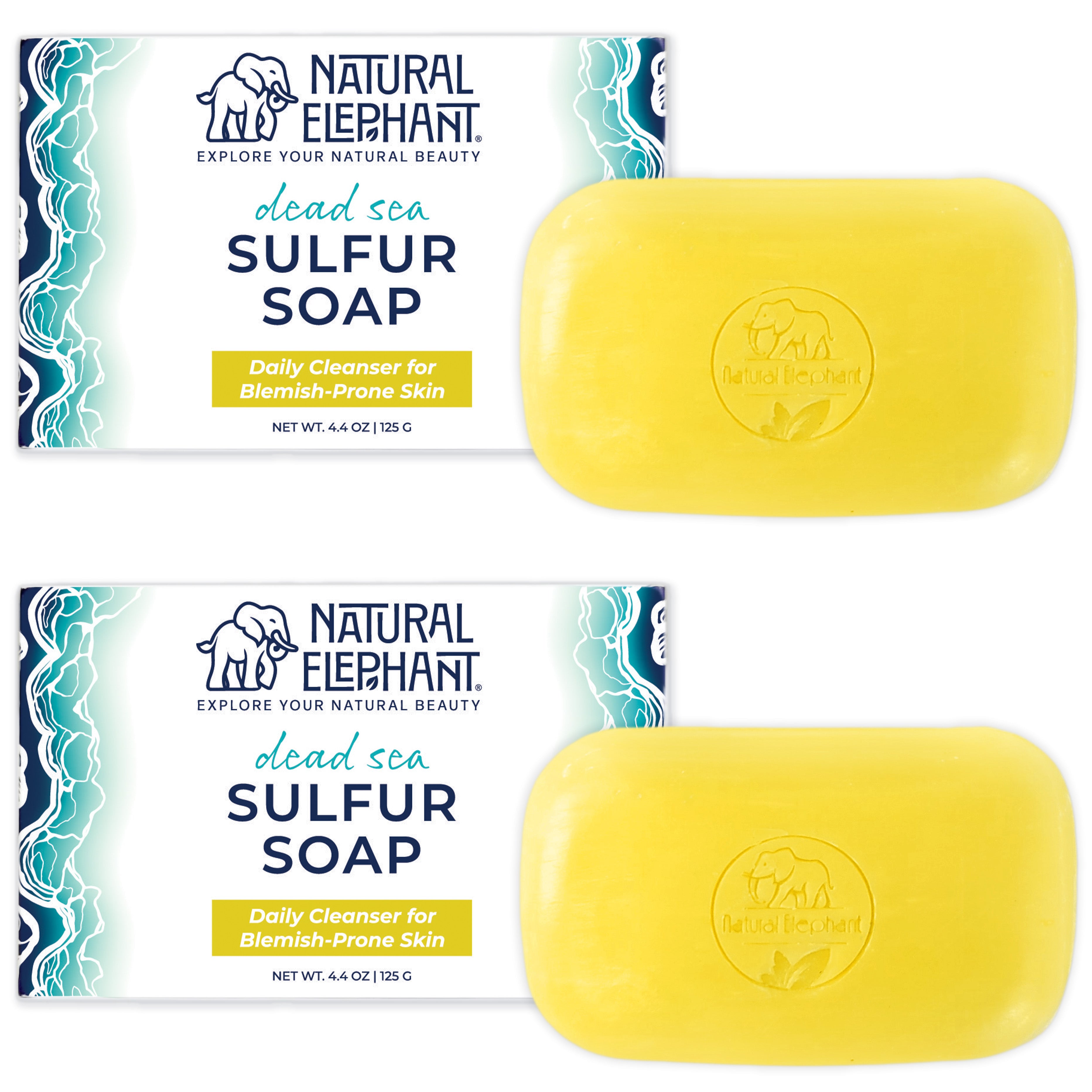Natural Elephant Dead Sea Sulfur Soap for acne with blemish-prone skin benefits in yellow packaging