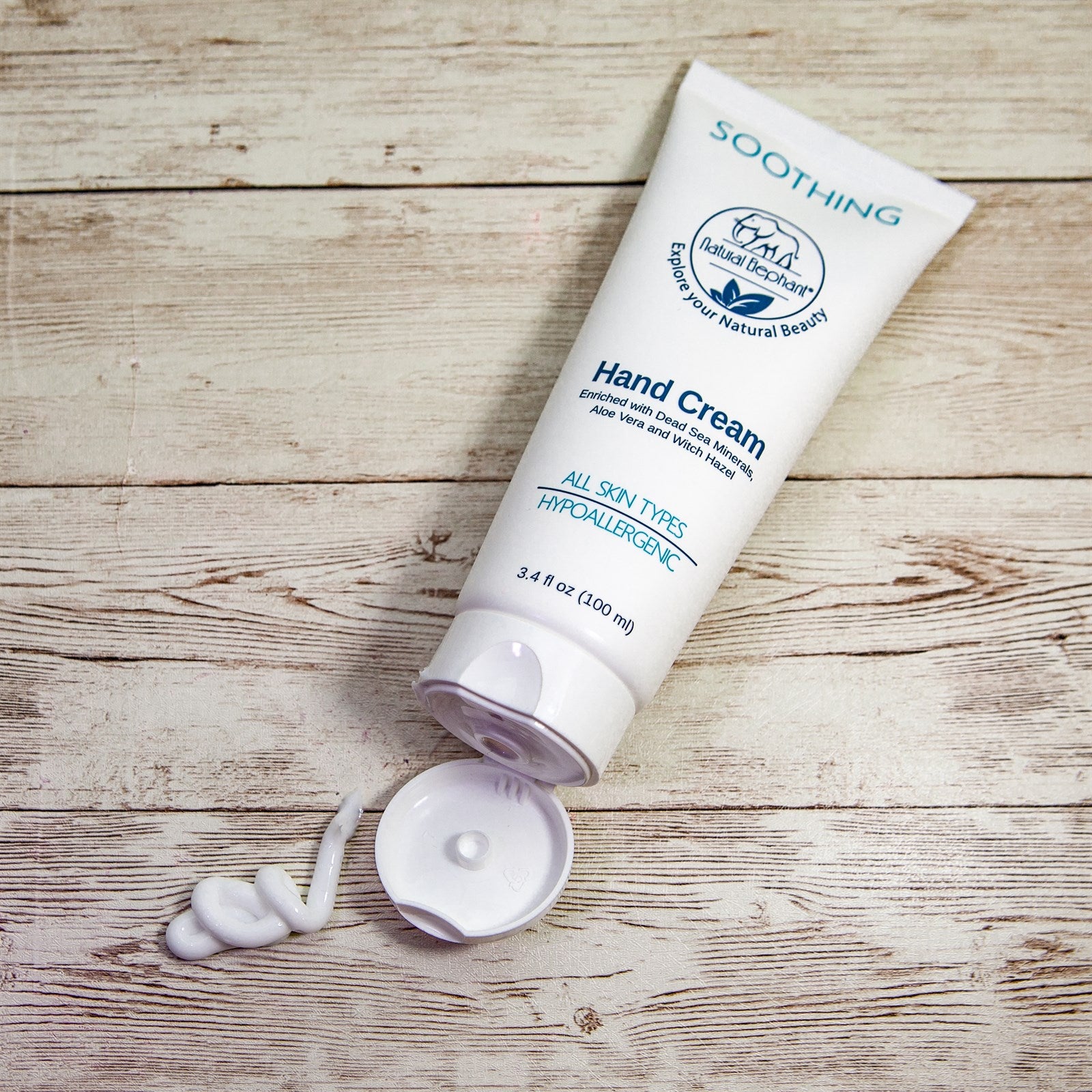 Natural Elephant Dead Sea Hand Cream in a tube with soothing formula for all skin types, 3.4 oz