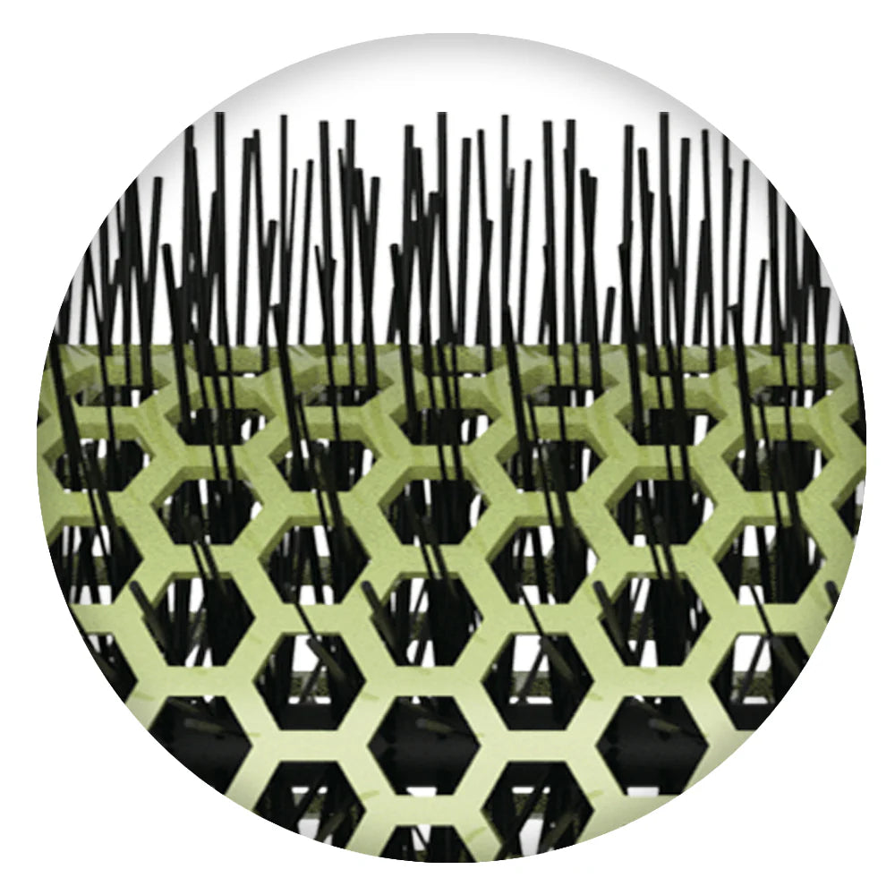 Close-up of black bristles and hexagonal ceramic base on Olivia Garden ceramic ionic hair brush