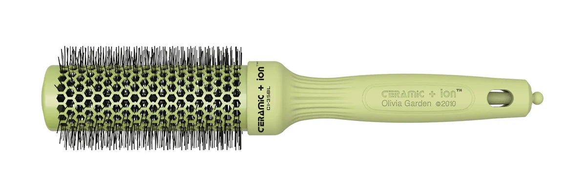 Olivia Garden ceramic ionic hair brush with green barrel and black bristles for smooth styling