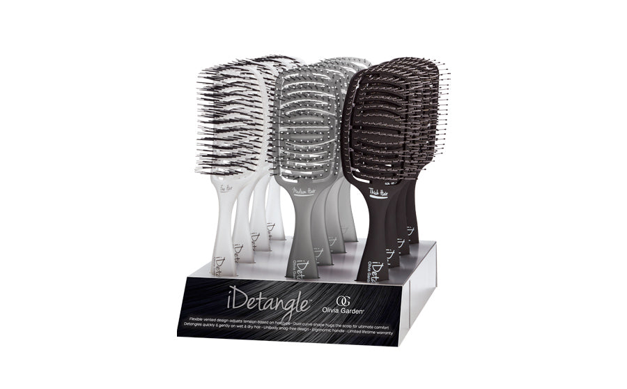 Olivia Garden iDetangle brush display with multiple color options for easy hair detangling