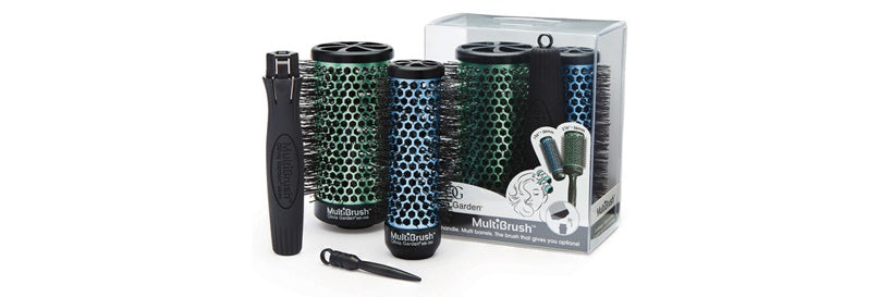 Olivia Garden MultiBrush set with three round ceramic hair brushes and cleaning tools in packaging
