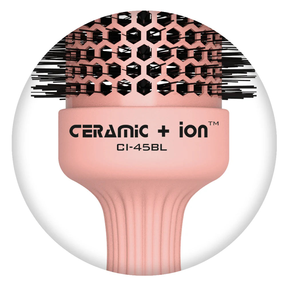 Olivia Garden round brush Ceramic Ion model CI-45BL with pink handle and black bristles