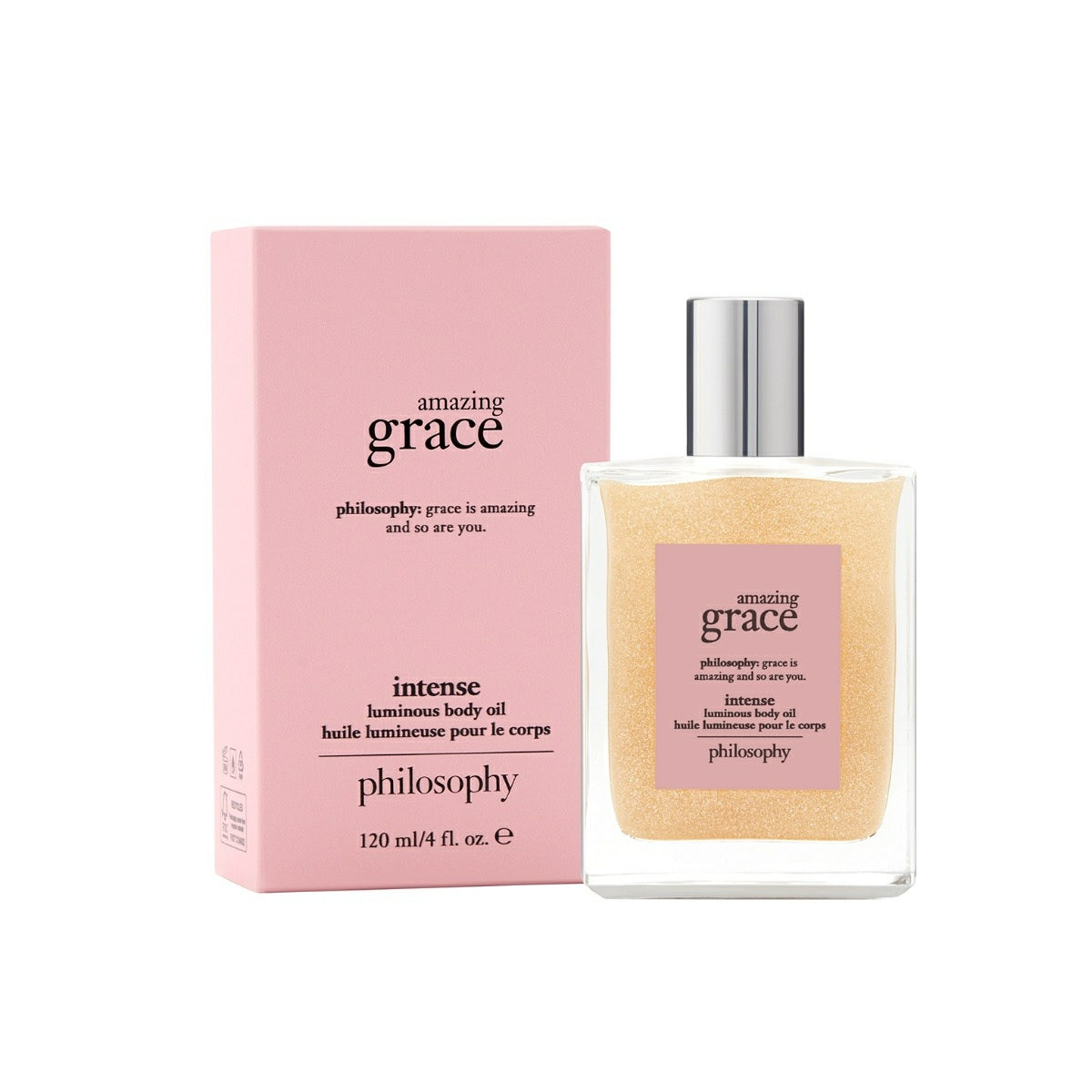 Philosophy Amazing Grace body oil intense luminous formula with pink packaging and silver cap 120 ml bottle